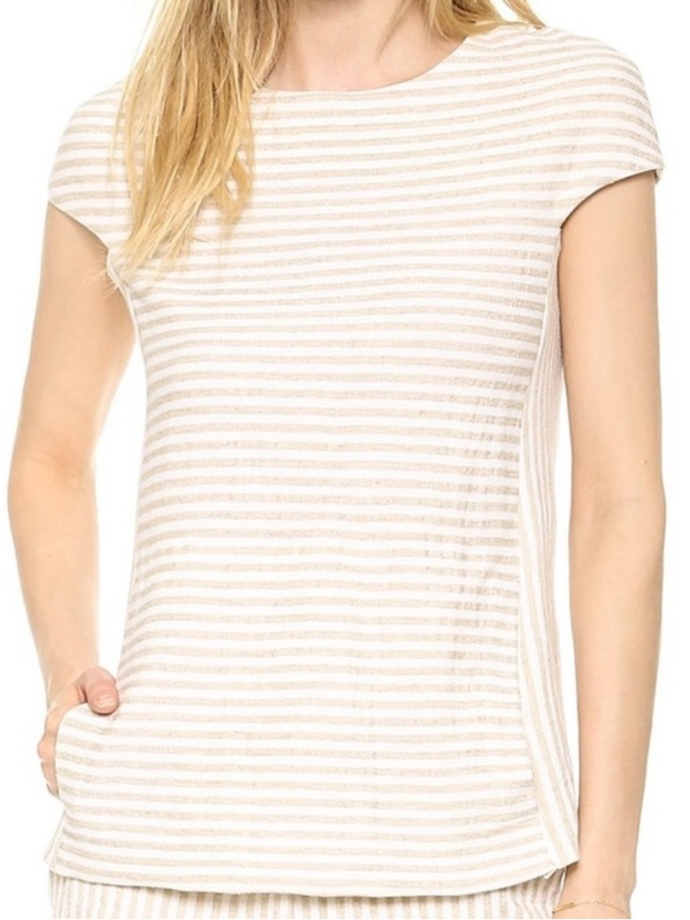 L'AGENCE Beige & White Striped Cap-Sleeve Top - Picture 2 of 15